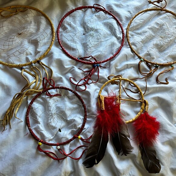 Lot of 5 Dreamcatcher Style Wall Hangings Leather Wrapped Hoops Beads & Feathers - Picture 1 of 10